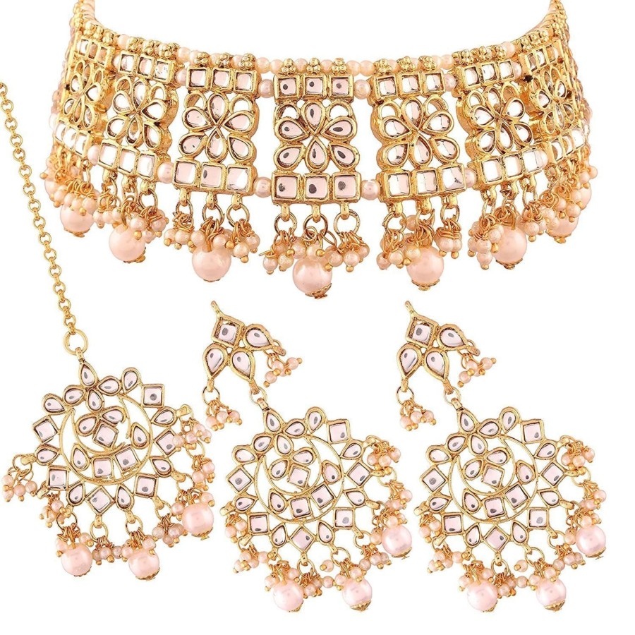 Jewellery I Jewels | Women'S Gold Plated Kundan U0026 Pearl Studded Choker Necklace Set With Earrings U0026 Maang Tikka - I Jewels White