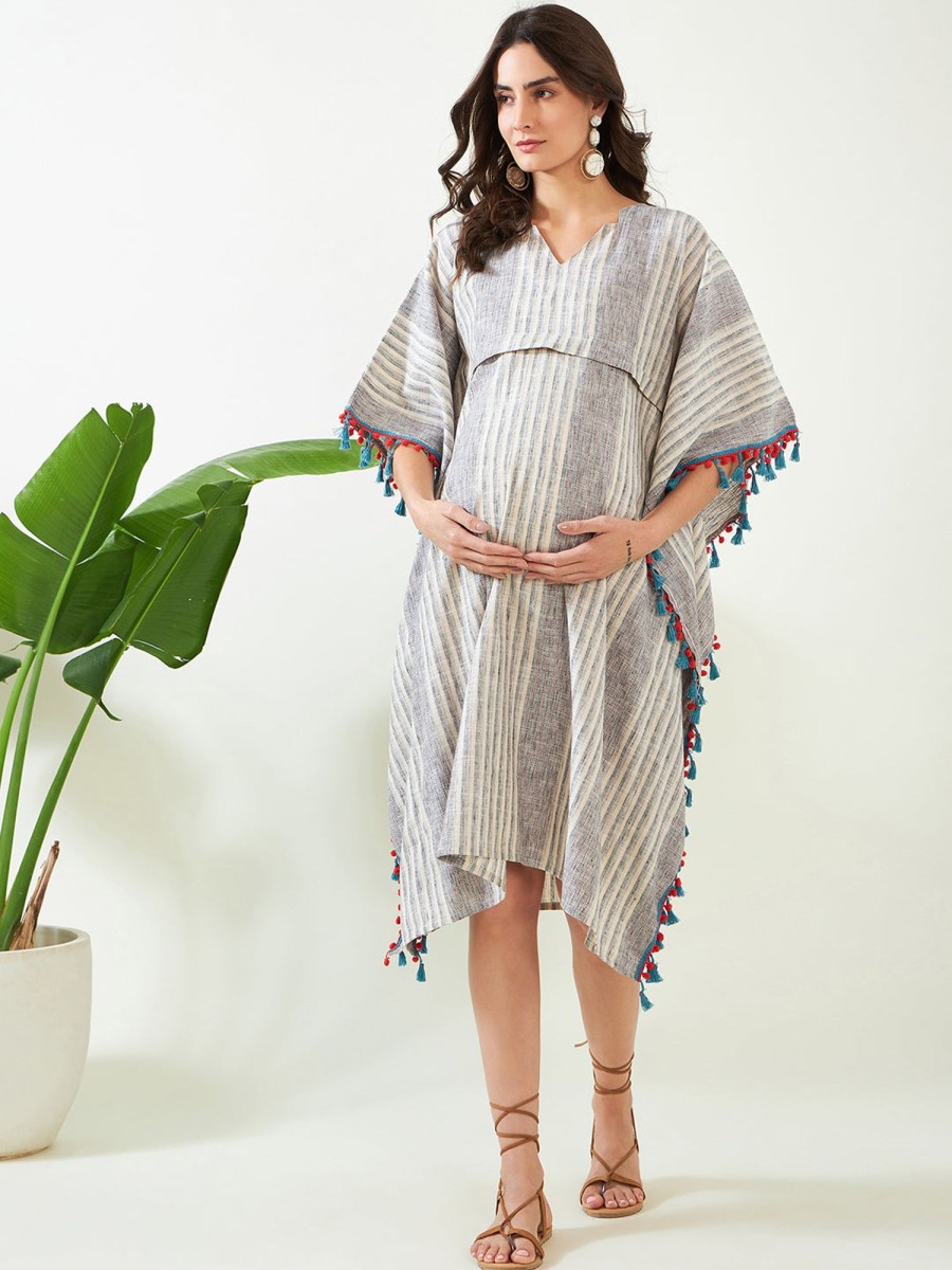 Women The Kaftan Company | Women'S Striped Maternity And Feeding Kaftan - The Kaftan Company Grey