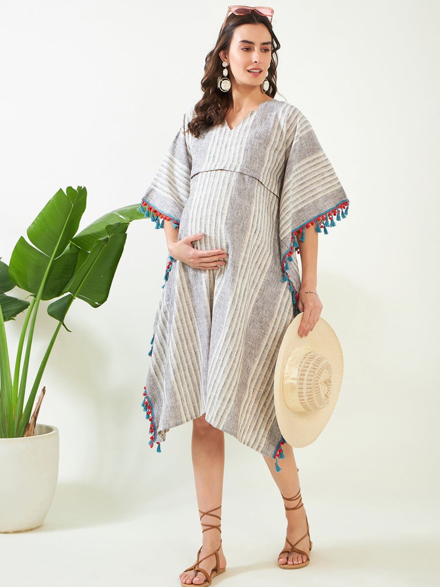 Women The Kaftan Company | Women'S Striped Maternity And Feeding Kaftan - The Kaftan Company Grey