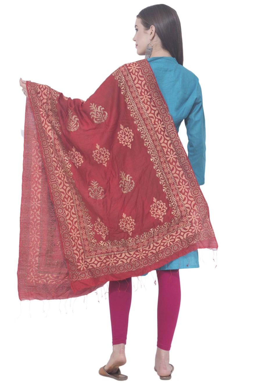 Women AR Silks | A R Silk Color Chanderi Gold Print Chanderi Cotton Dupattas And Chunnis Mehroon