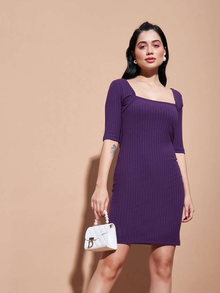 Women Lyush | Women'S Purple Rib Square Neck Short Dress - Lyush