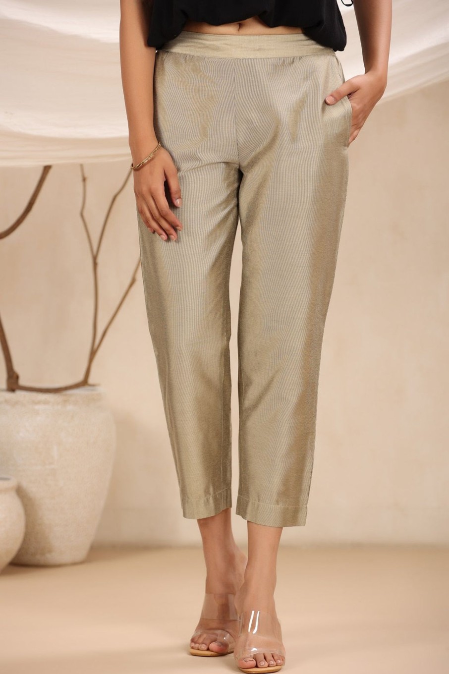 Women Juniper | Women'S Beige Festive Solid Straight Pant/Slim Pant For Women - Juniper Silk