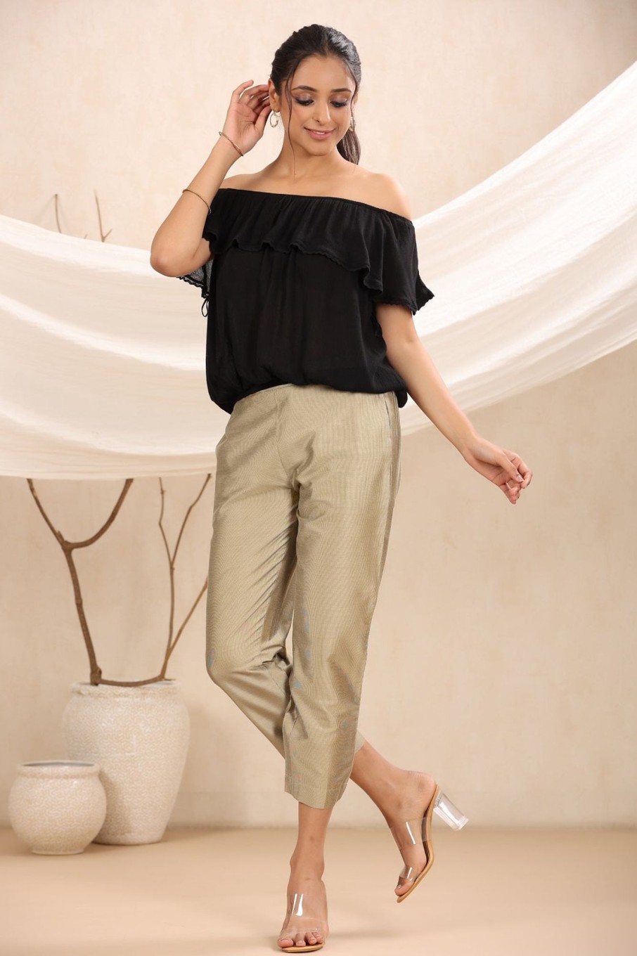 Women Juniper | Women'S Beige Festive Solid Straight Pant/Slim Pant For Women - Juniper Silk