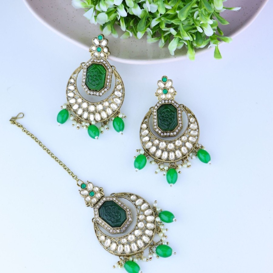 Jewellery I Jewels | Women'S Traditional Pearl Hanging Kundan Stone Studed Chandbali Earring With Maang Tikka - I Jewels Green