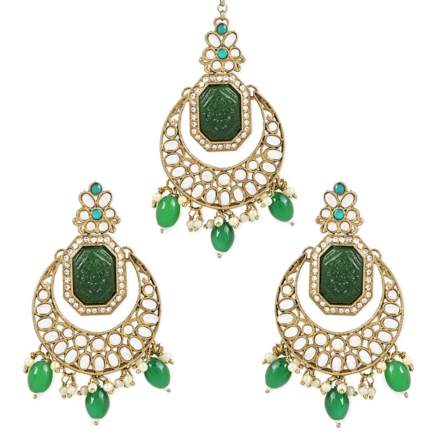 Jewellery I Jewels | Women'S Traditional Pearl Hanging Kundan Stone Studed Chandbali Earring With Maang Tikka - I Jewels Green