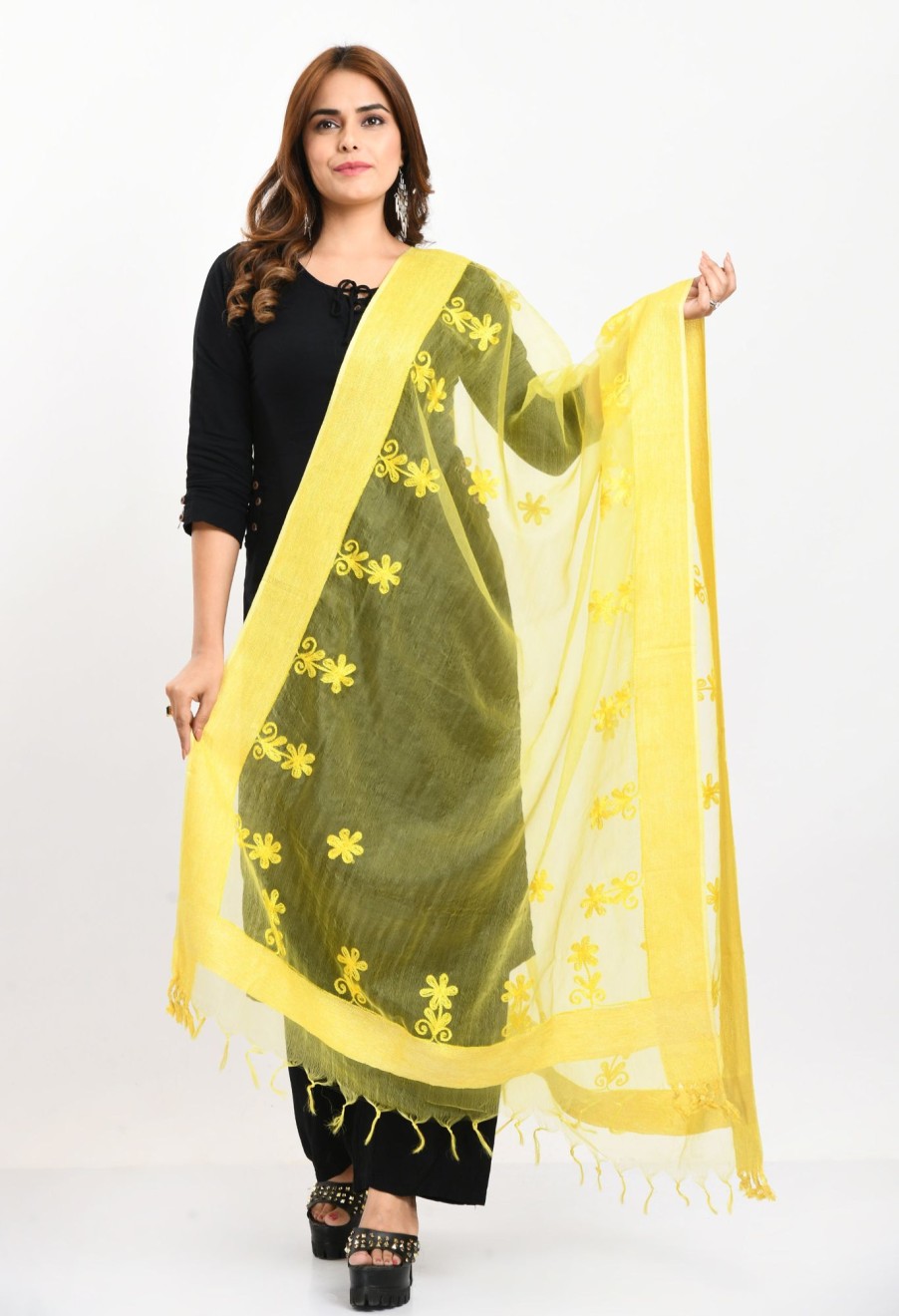 Women Moeza | Women'S Orgenza All Over Chikan Work Lemon Dupatta - Moeza Yellow