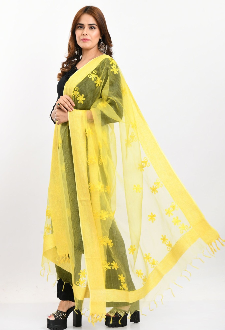 Women Moeza | Women'S Orgenza All Over Chikan Work Lemon Dupatta - Moeza Yellow