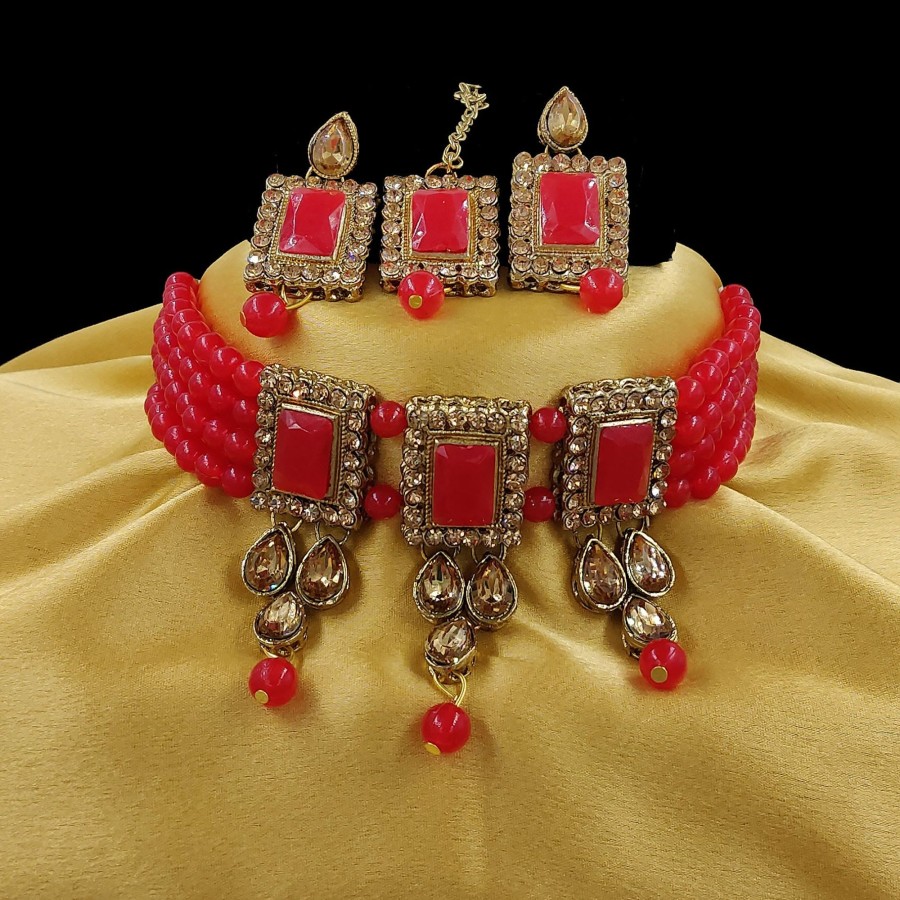 Jewellery Zaffre Collections | Women'S Multistrand Beads And Stones Traditional Choker Necklace U0026 Maang Tikka - Zaffre Collections Red