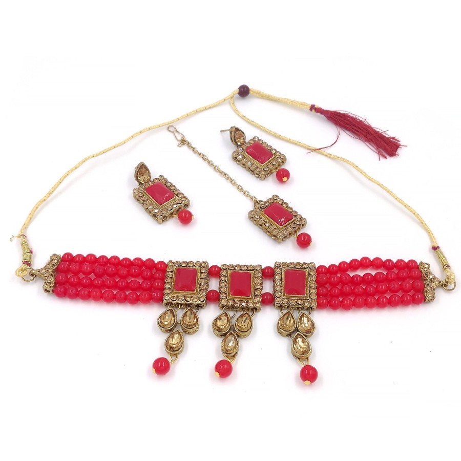 Jewellery Zaffre Collections | Women'S Multistrand Beads And Stones Traditional Choker Necklace U0026 Maang Tikka - Zaffre Collections Red