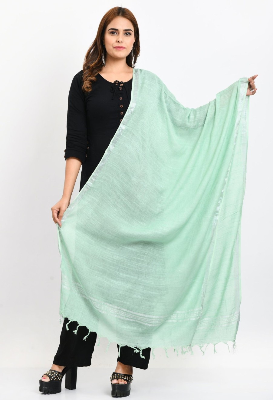 Women Moeza | Women'S Linen Cotton Silver Border Pista Dupatta - Moeza Green