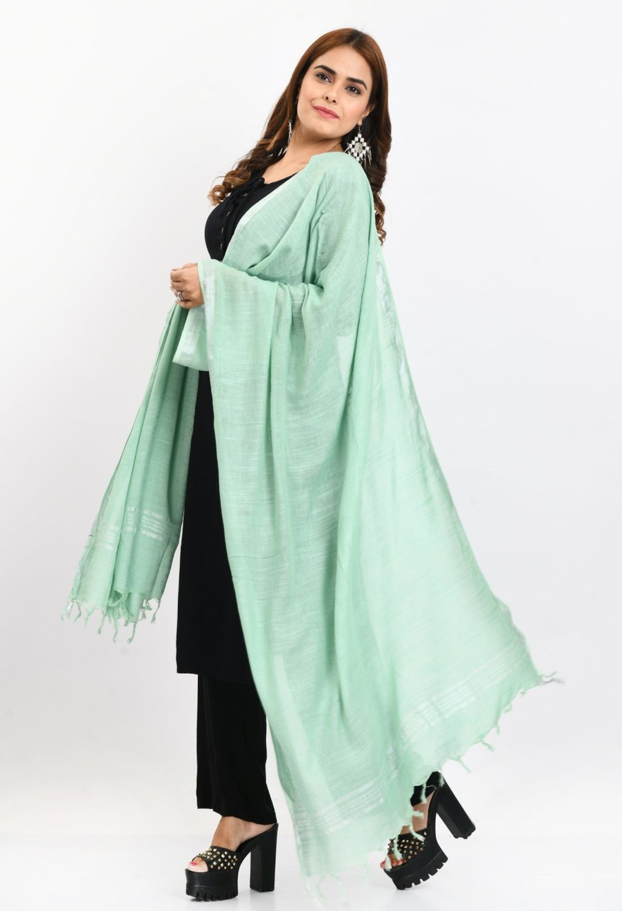 Women Moeza | Women'S Linen Cotton Silver Border Pista Dupatta - Moeza Green