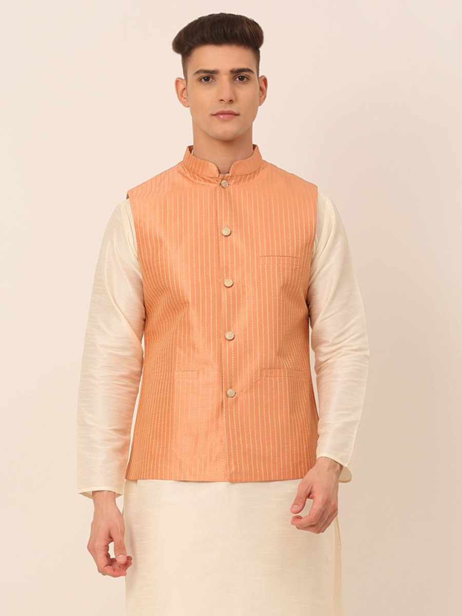 Men Virat Fashions | Men'S Peach U0026 Golden Embroidered Nehru Jackets ( Jowc 4043 Peach ) - Virat Fashions