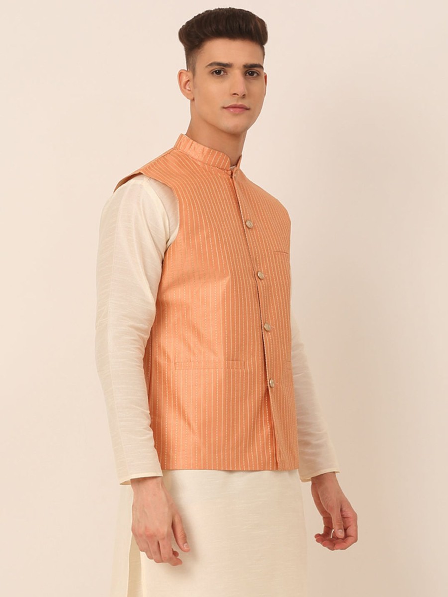 Men Virat Fashions | Men'S Peach U0026 Golden Embroidered Nehru Jackets ( Jowc 4043 Peach ) - Virat Fashions