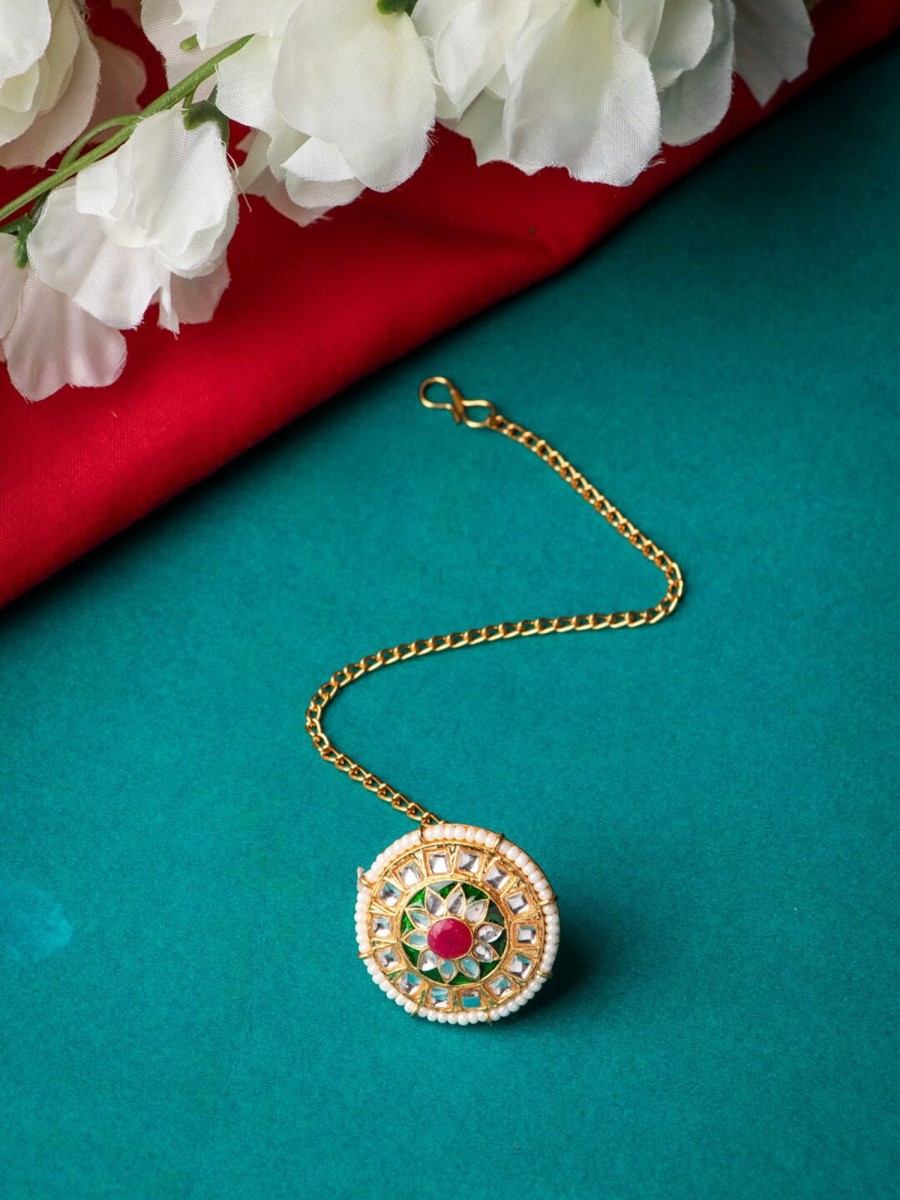 Jewellery Morkanth | Women'S Gold-Plated White U0026 Pink Kundan-Studded U0026 Pearl Beaded Borla Maang Tikka - Morkanth