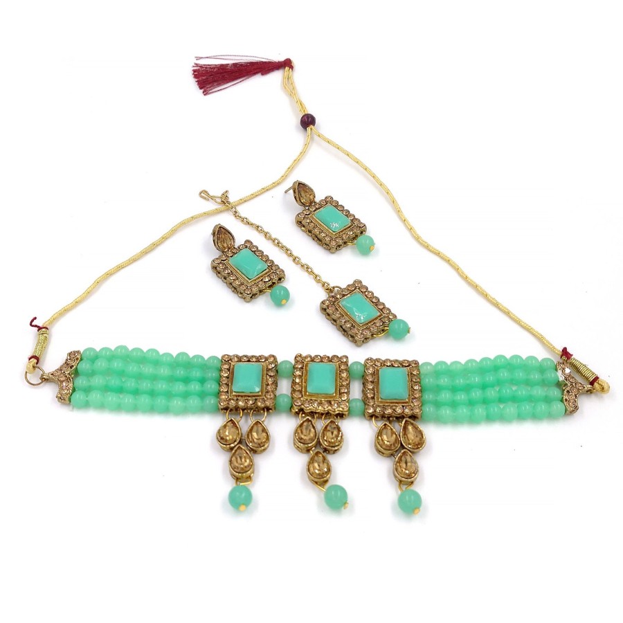 Jewellery Zaffre Collections | Women'S Multistrand Sea Beads And Stones Traditional Choker Necklace U0026 Maang Tikka - Zaffre Collections Green