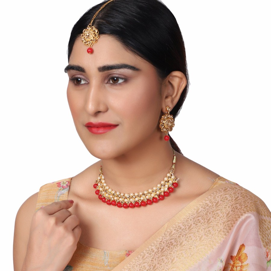 Jewellery Zaffre Collections | Women'S Trending Choker Set With Maang Tikka - Zaffre Collections Red