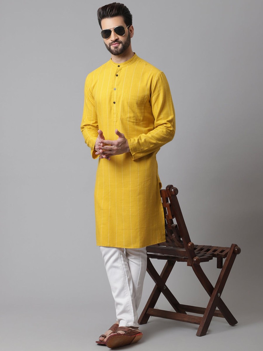 Men Even Apparels | Men'S Pure Cotton Kurta With Band Collar - Even Apparels Yellow