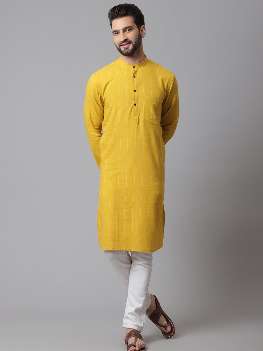 Men Even Apparels | Men'S Pure Cotton Kurta With Band Collar - Even Apparels Yellow