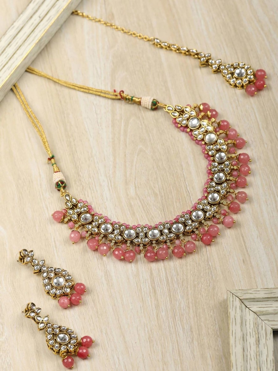 Jewellery Priyaasi | Women'S Pink Beads Pearls Kundan Gold Plated Jewellery Set With Maang Tikka - Priyaasi