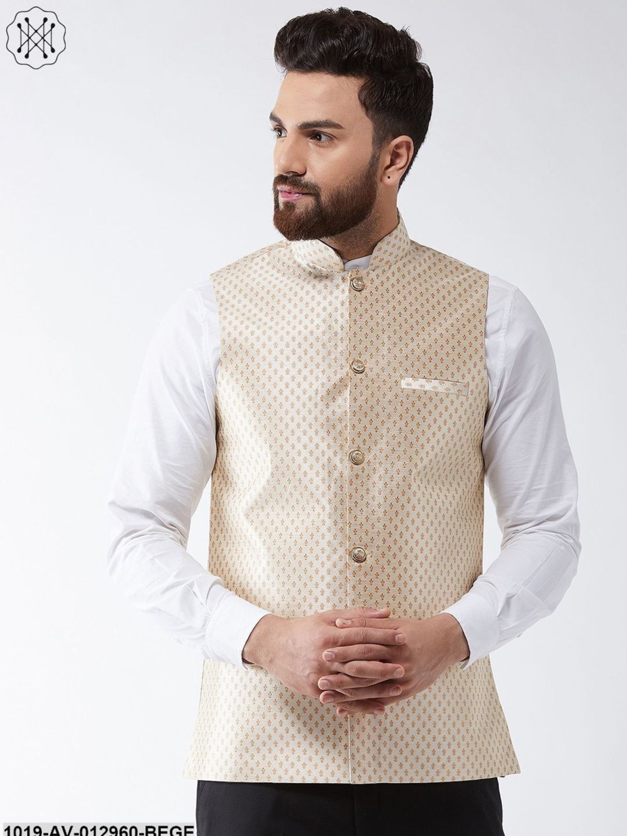 Men Sojanya | Men'S Silk Blend Beige U0026 Gold Self Design Nehru Jacket - Sojanya