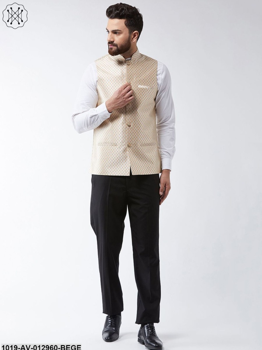 Men Sojanya | Men'S Silk Blend Beige U0026 Gold Self Design Nehru Jacket - Sojanya