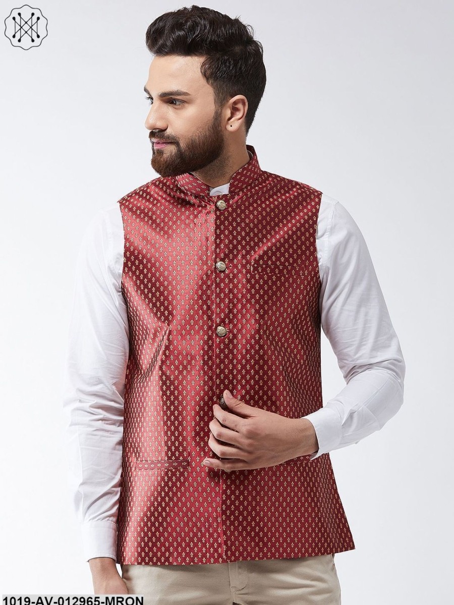 Men Sojanya | Men'S Silk Blend Maroon U0026 Gold Self Design Nehru Jacket - Sojanya