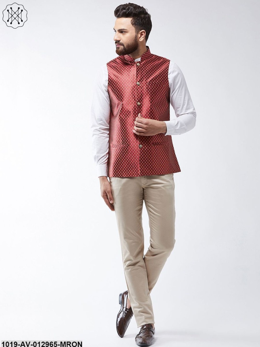 Men Sojanya | Men'S Silk Blend Maroon U0026 Gold Self Design Nehru Jacket - Sojanya