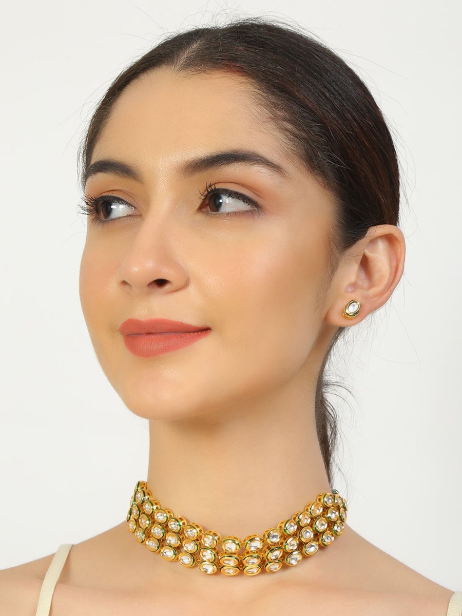 Jewellery Femizen | Women'S Handcrafted Kundan Choker With Pair Of Earrings - Femizen Golden