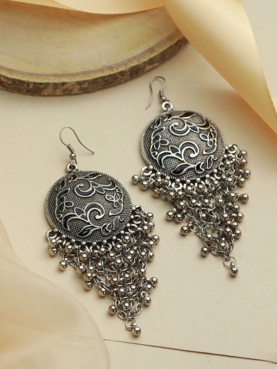 Jewellery Priyaasi | Women'S Floral Oxidised Silver Chunky Drop Earrings - Priyaasi