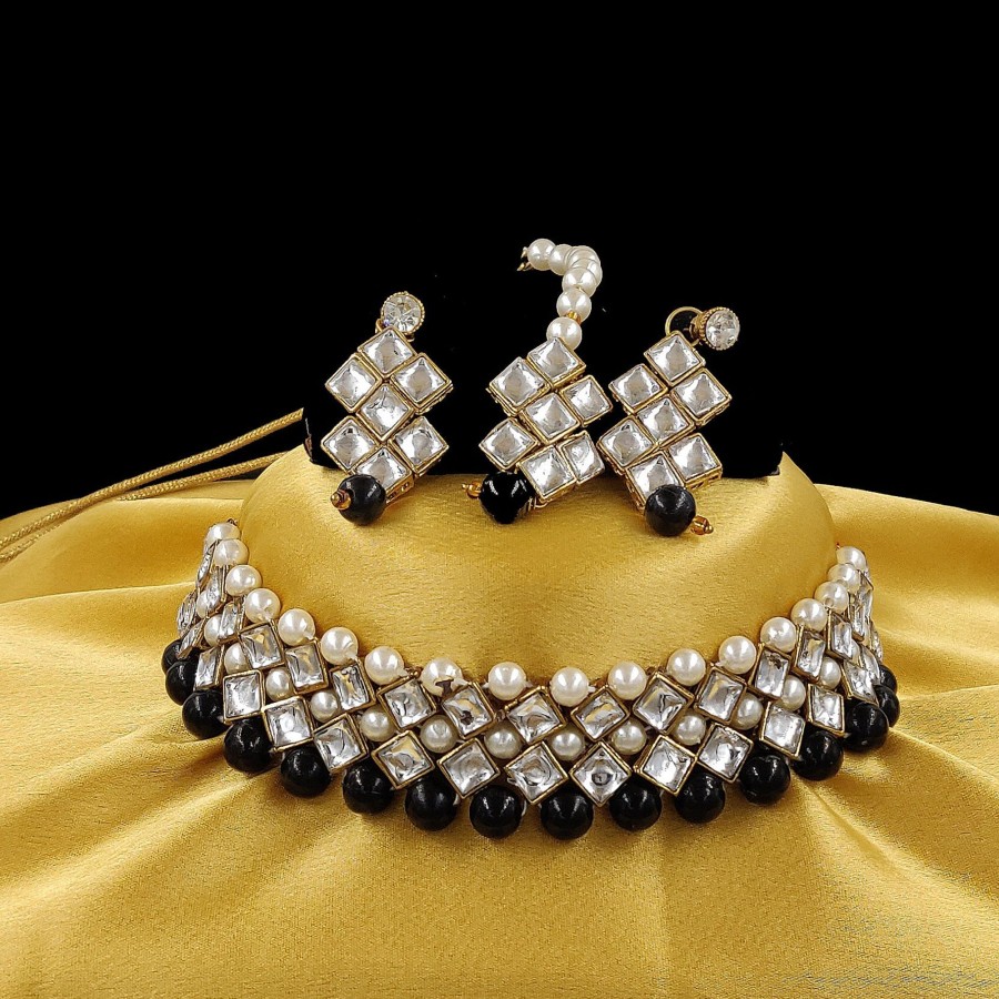 Jewellery Zaffre Collections | Women'S Stylish Kundan And Choker Set - Zaffre Collections Black