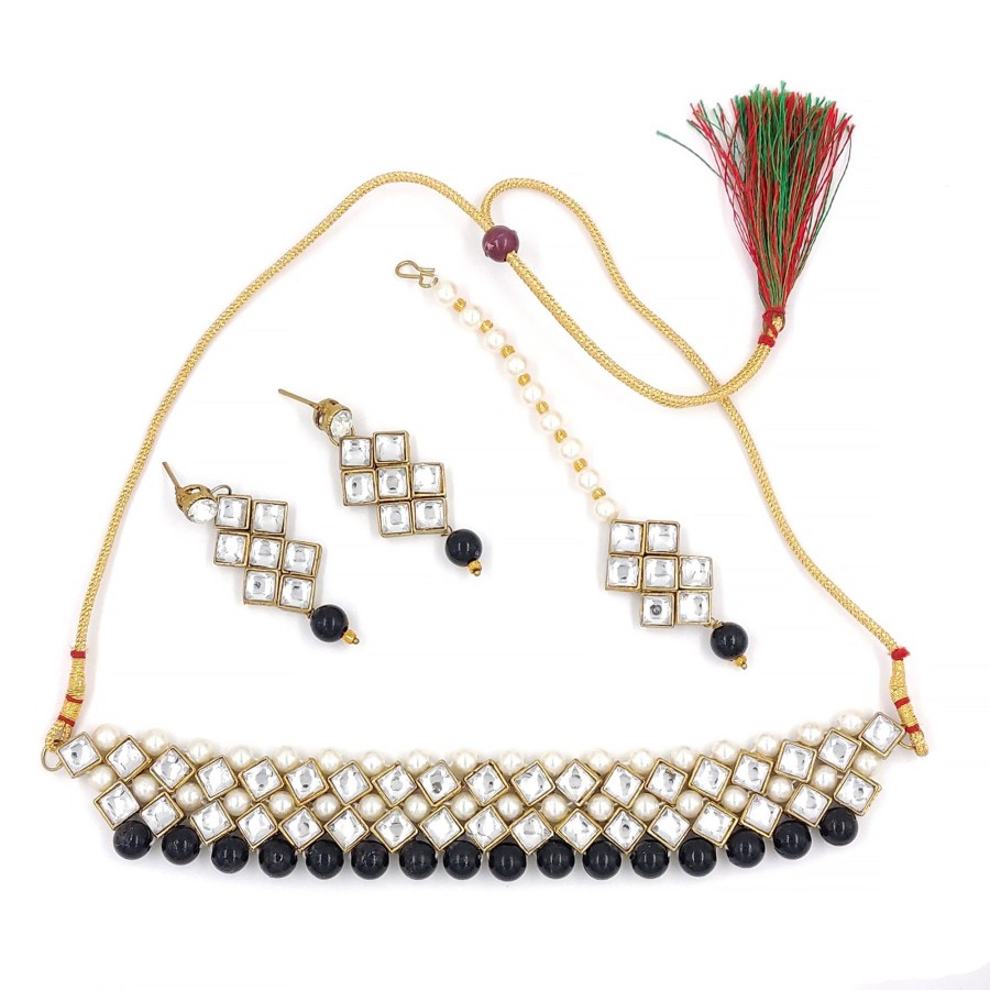 Jewellery Zaffre Collections | Women'S Stylish Kundan And Choker Set - Zaffre Collections Black