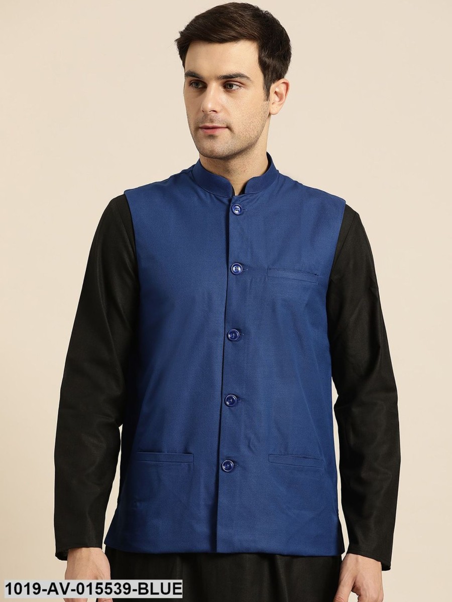 Men Sojanya | Men'S Cotton Blend Royal Blue Solid Nehru Jacket - Sojanya