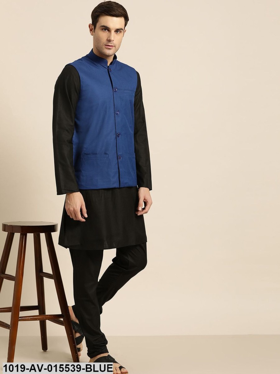 Men Sojanya | Men'S Cotton Blend Royal Blue Solid Nehru Jacket - Sojanya