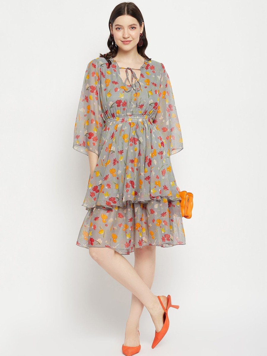 Women BitterLime | Women'S Printed Floral Tiered Dress - Bitterlime Grey