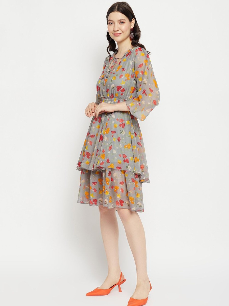 Women BitterLime | Women'S Printed Floral Tiered Dress - Bitterlime Grey