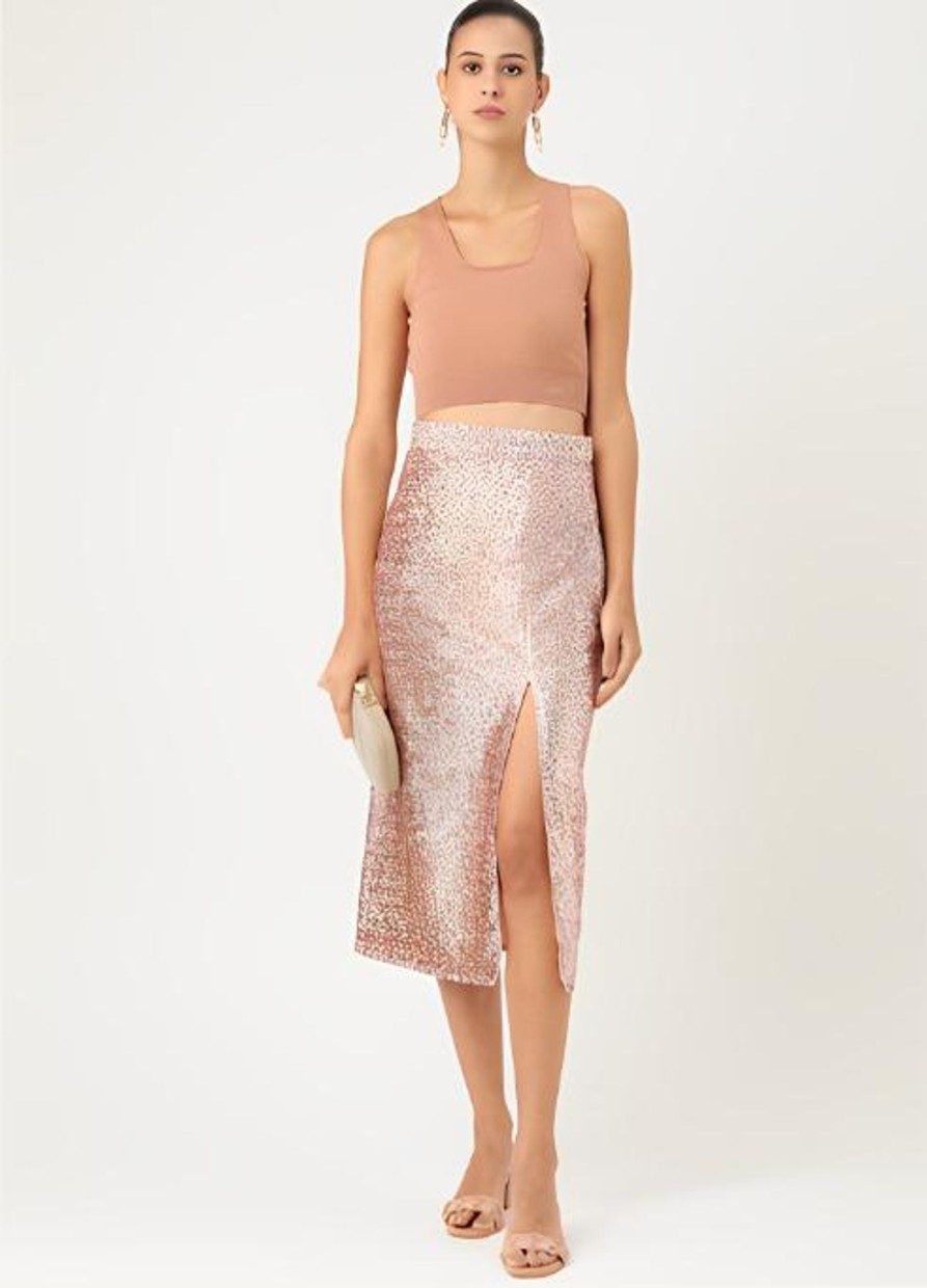 Women KHUMAAR- Shuchi Bhutani | Women'S Rose Gold Shimmer Skirt - Khumaar-Shuchi Bhutani Pink