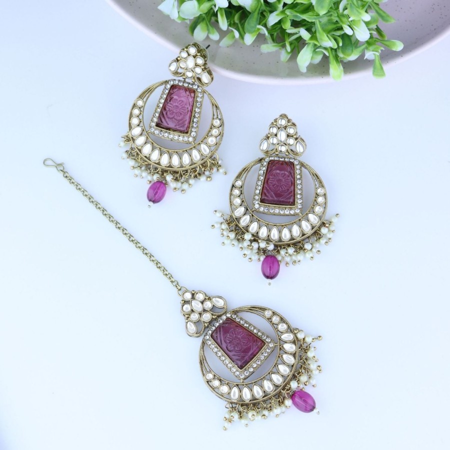 Jewellery I Jewels | Women'S Traditional Pearl Hanging Kundan Stone Studed Chandbali Earring With Maang Tikka - I Jewels Purple