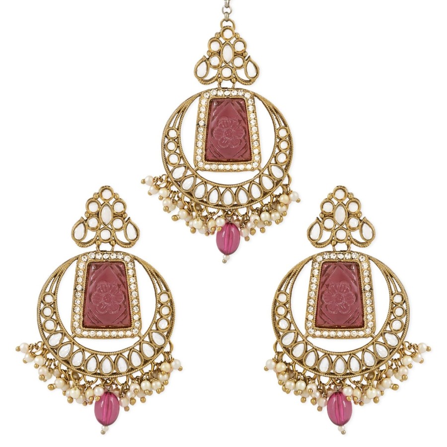 Jewellery I Jewels | Women'S Traditional Pearl Hanging Kundan Stone Studed Chandbali Earring With Maang Tikka - I Jewels Purple