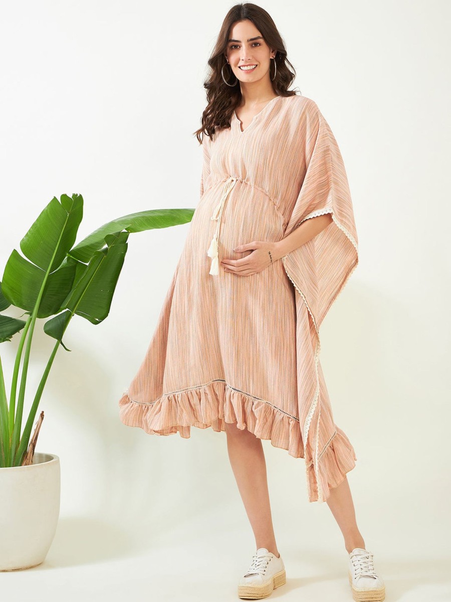 Women The Kaftan Company | Women'S Blush Striped Maternity Dress - The Kaftan Company Peach