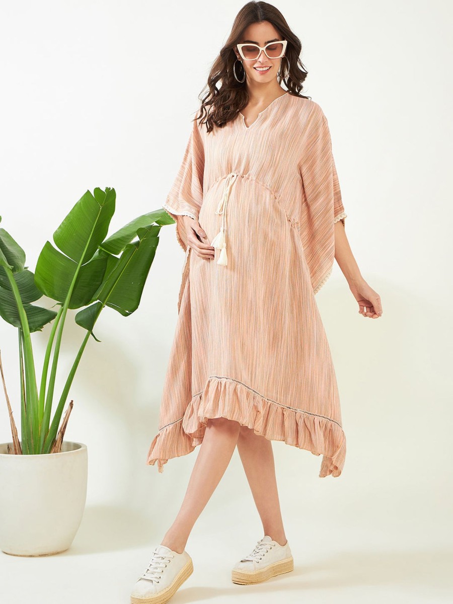 Women The Kaftan Company | Women'S Blush Striped Maternity Dress - The Kaftan Company Peach