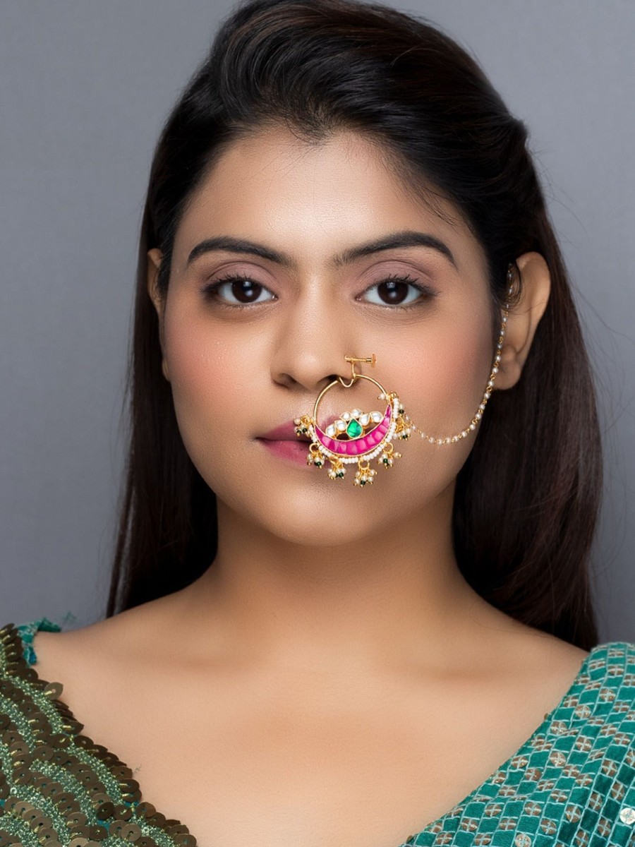 Jewellery Morkanth | Women'S 24 K Gold-Plated Pink U0026 White Pachi Kundan-Studded Chained Nose Ring - Morkanth