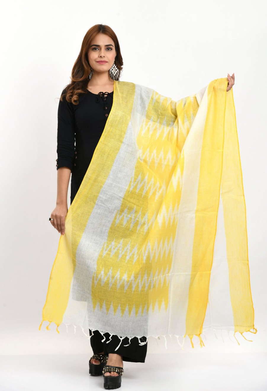 Women Moeza | Women'S Handloom Cotton Ikkat Dupatta - Moeza Yellow