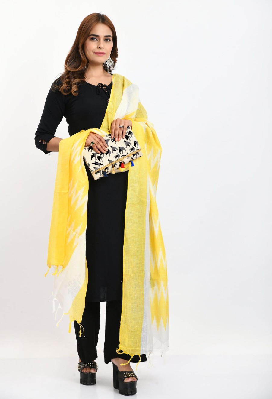 Women Moeza | Women'S Handloom Cotton Ikkat Dupatta - Moeza Yellow