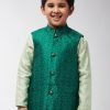 Men Sojanya KID | Kid'S Jacquard Silk Dark Green Self Design Only Nehrujacket - Sojanya Kid Dark Green & Black