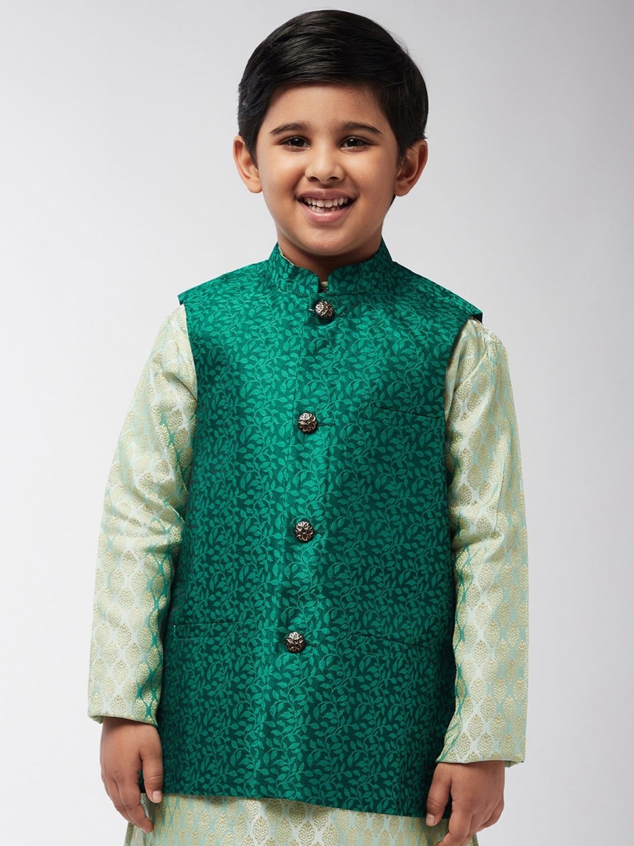 Men Sojanya KID | Kid'S Jacquard Silk Dark Green Self Design Only Nehrujacket - Sojanya Kid Dark Green & Black