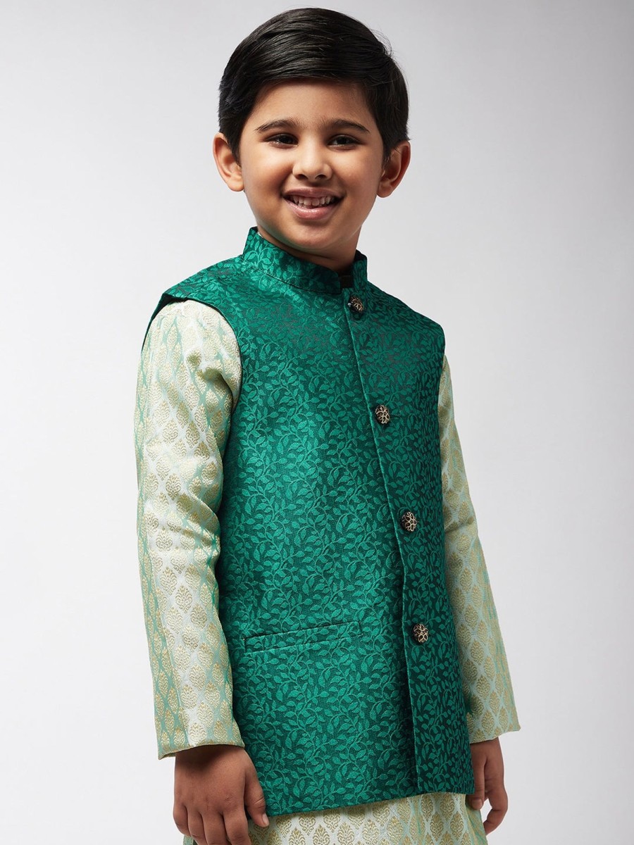 Men Sojanya KID | Kid'S Jacquard Silk Dark Green Self Design Only Nehrujacket - Sojanya Kid Dark Green & Black