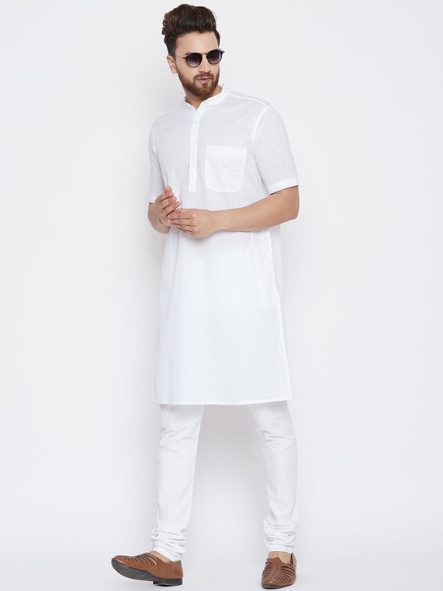 Men Even Apparels | Men'S Pure Cotton Kurta With Band Collar - Even Apparels White