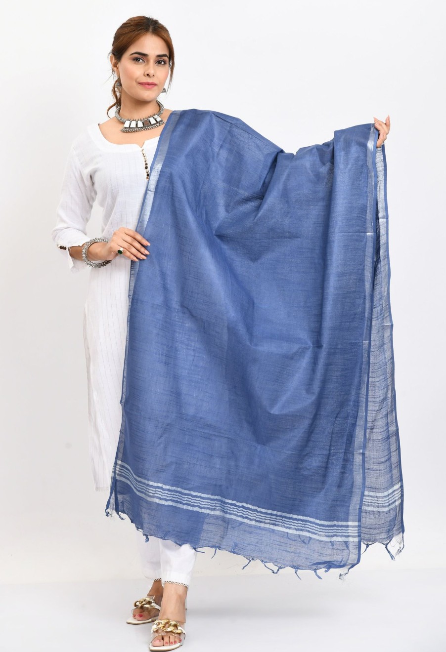 Women Moeza | Women'S Linen Cotton Silver Border Dupatta - Moeza Blue