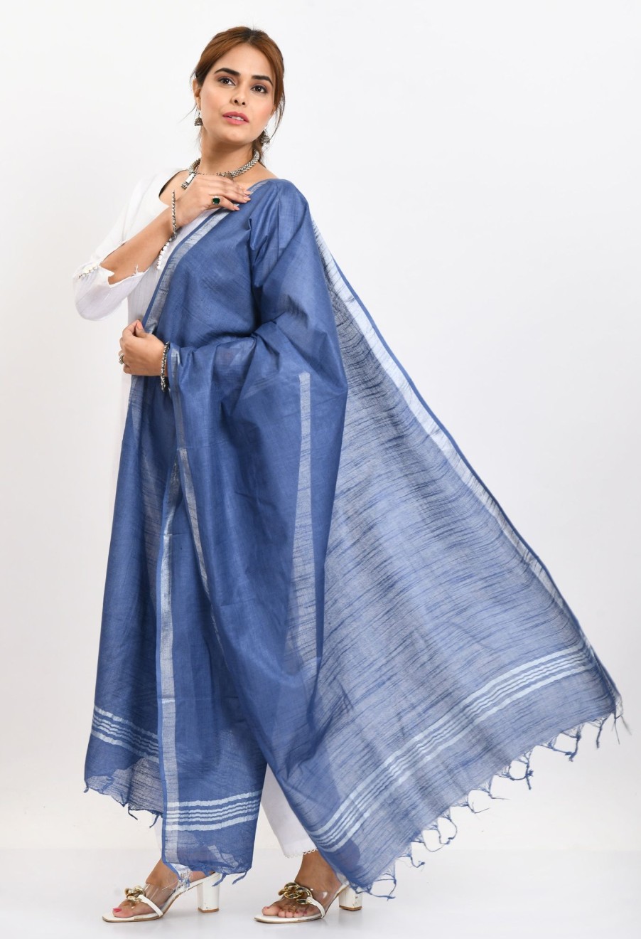 Women Moeza | Women'S Linen Cotton Silver Border Dupatta - Moeza Blue