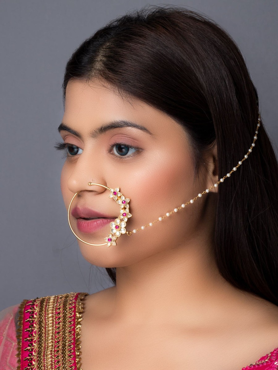 Jewellery Morkanth | Women'S 24K Gold-Plated Pink U0026 White Pacchi Kundan Studded Pearl Beaded Chain Nose Ring - Morkanth